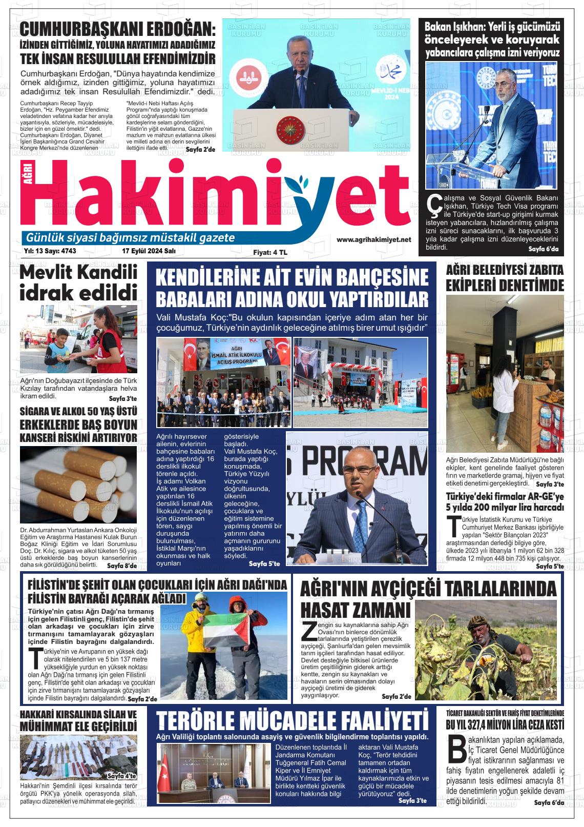 17 Eylül 2024 Ağrı Hakimiyet Gazete Manşeti