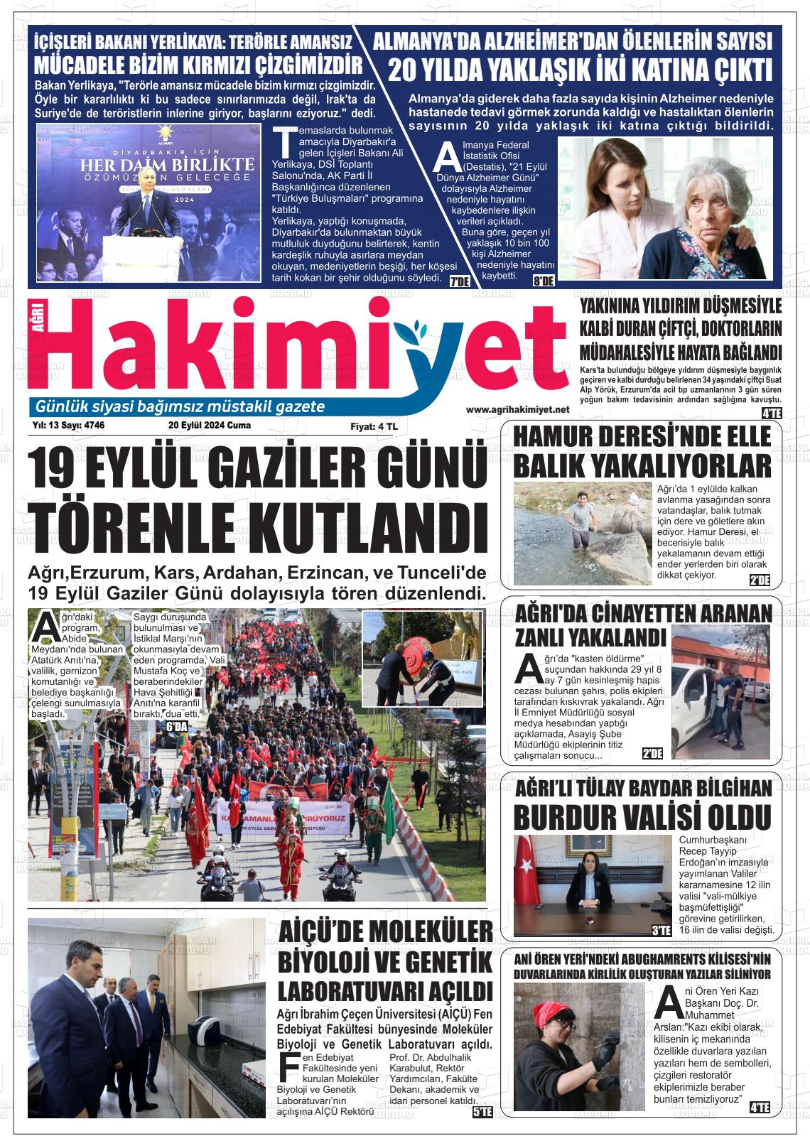 20 Eylül 2024 Ağrı Hakimiyet Gazete Manşeti