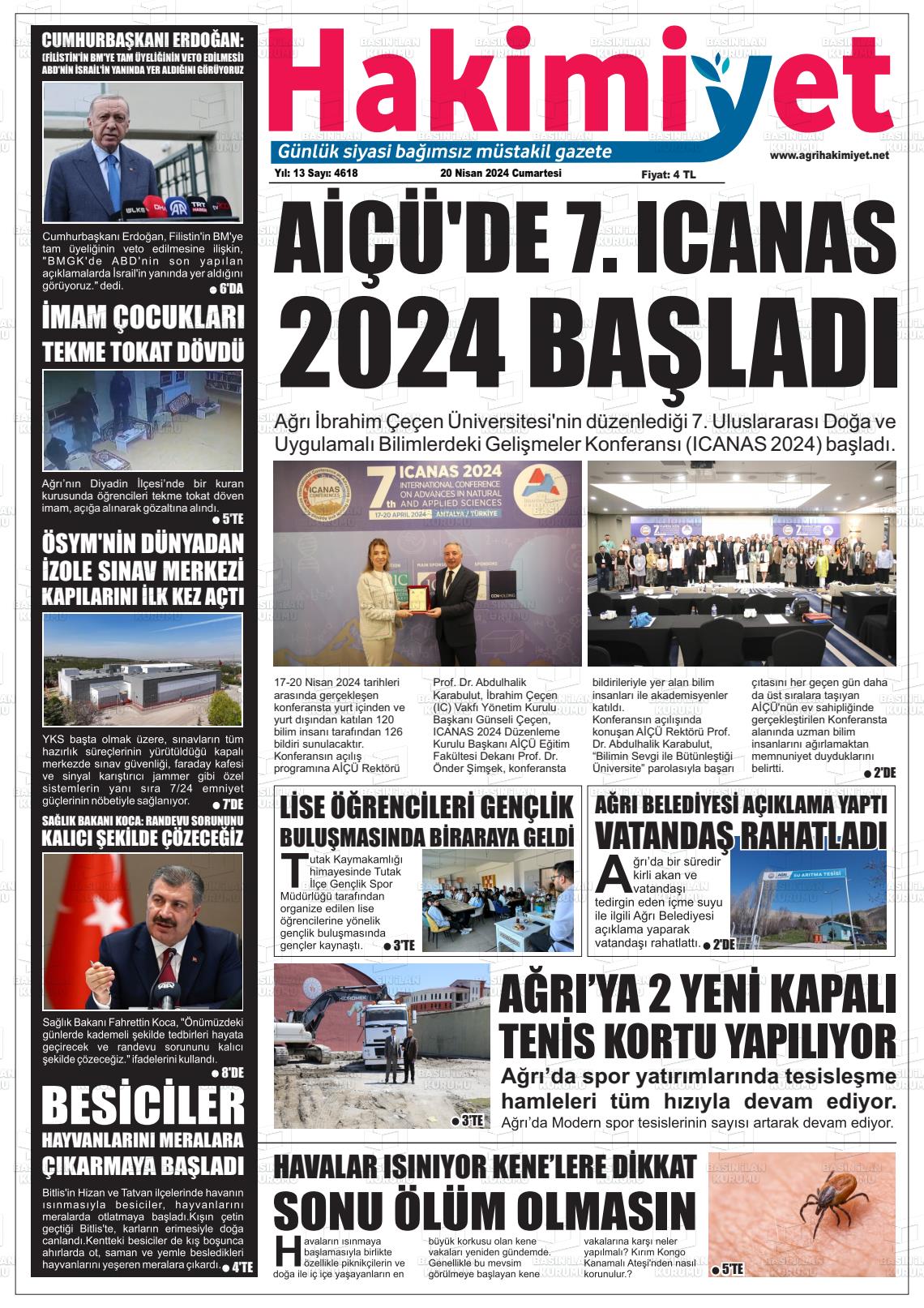 20 Nisan 2024 Ağrı Hakimiyet Gazete Manşeti