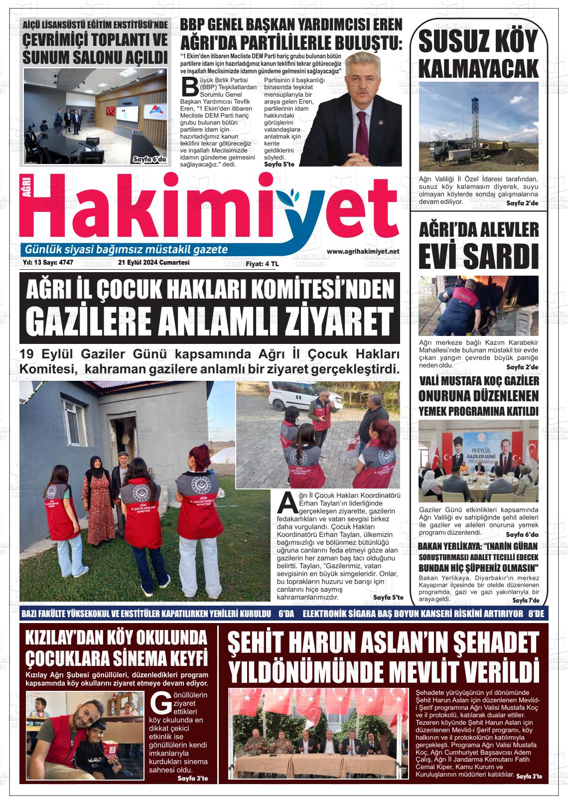 21 Eylül 2024 Ağrı Hakimiyet Gazete Manşeti