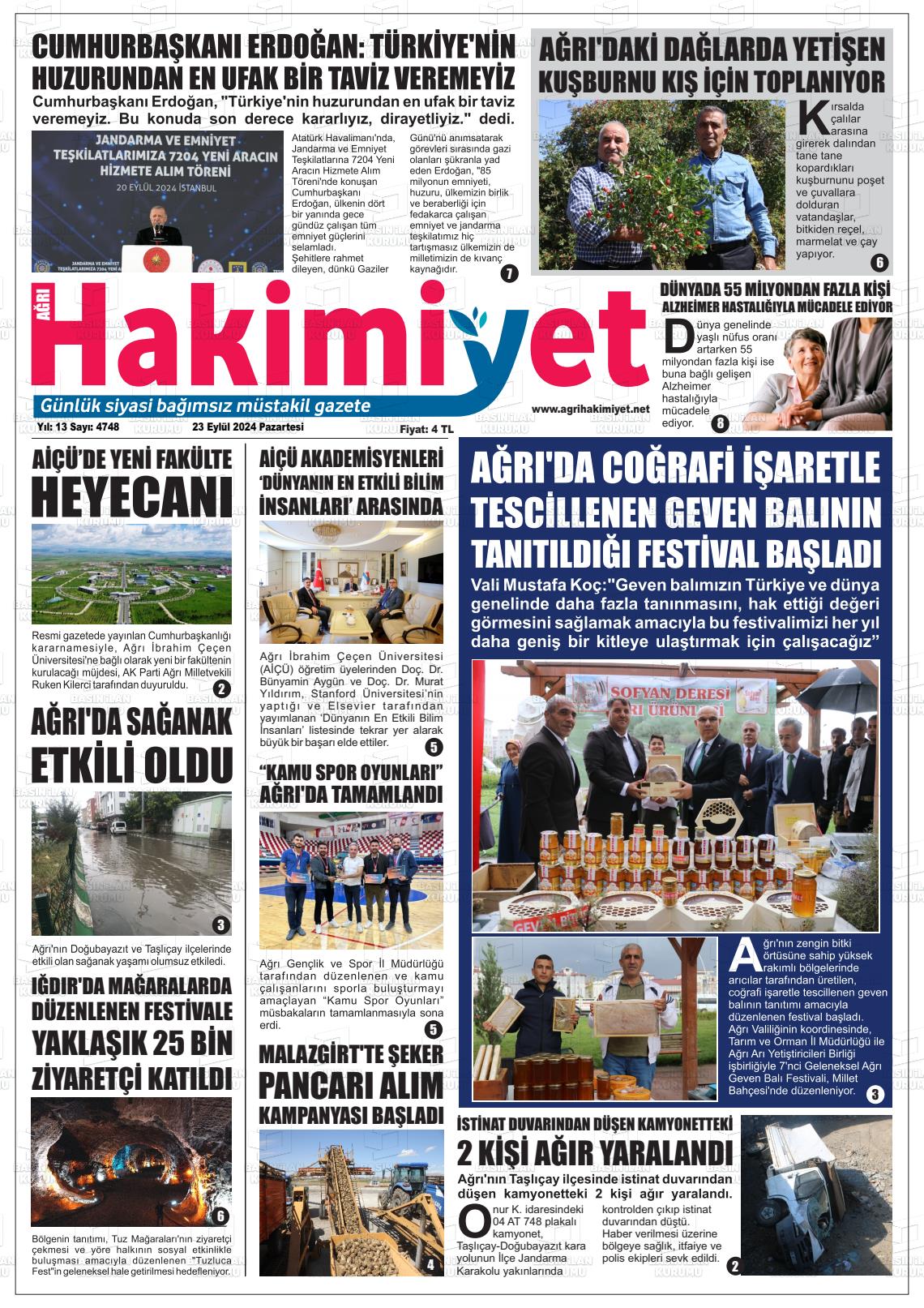 23 Eylül 2024 Ağrı Hakimiyet Gazete Manşeti