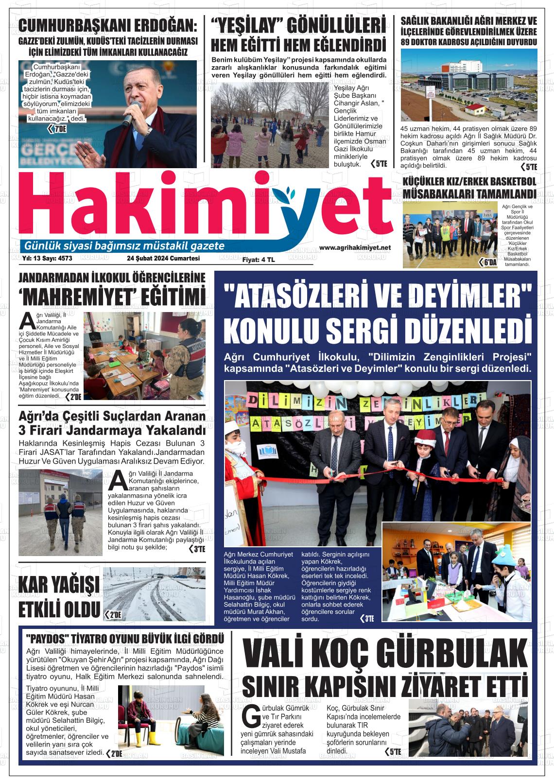 24 Şubat 2024 Ağrı Hakimiyet Gazete Manşeti