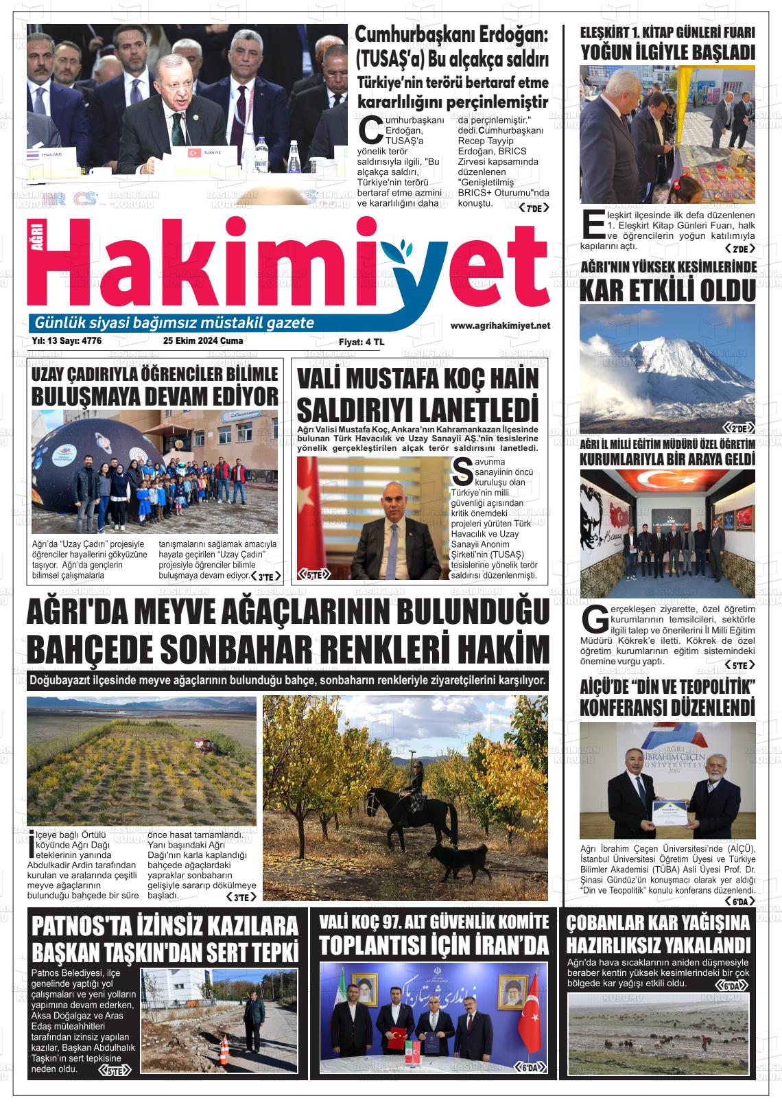 25 Ekim 2024 Ağrı Hakimiyet Gazete Manşeti