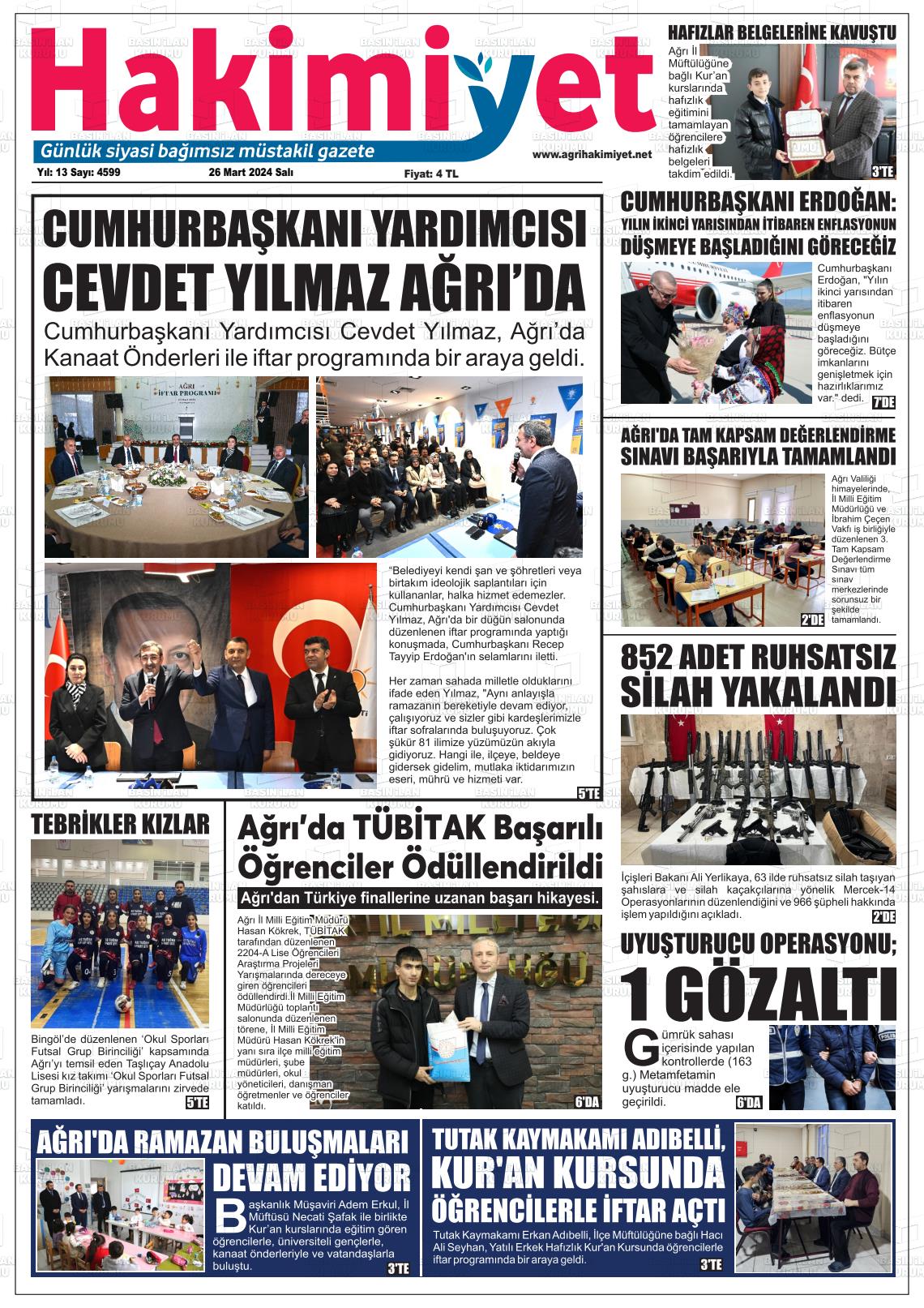 26 Mart 2024 Ağrı Hakimiyet Gazete Manşeti