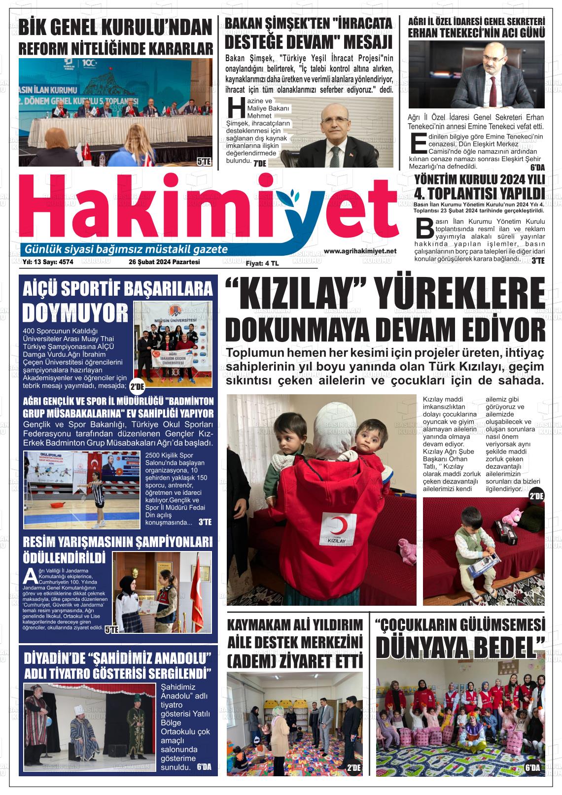 26 Şubat 2024 Ağrı Hakimiyet Gazete Manşeti