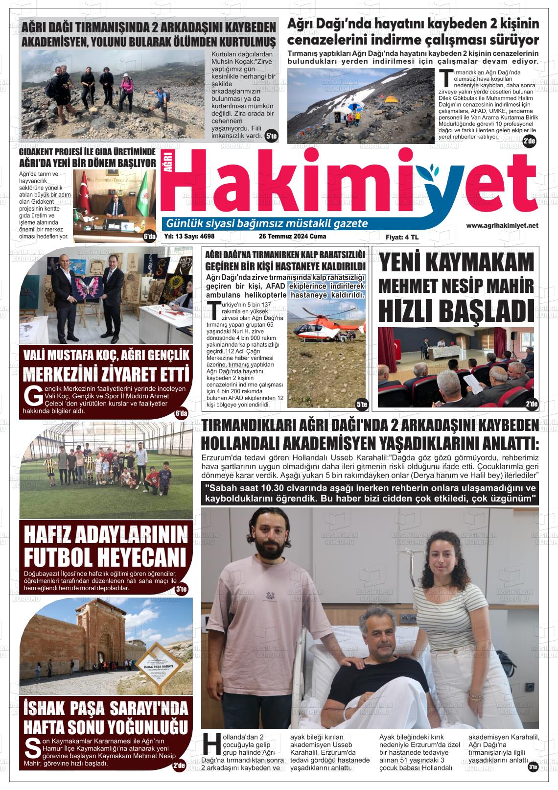 26 Temmuz 2024 Ağrı Hakimiyet Gazete Manşeti