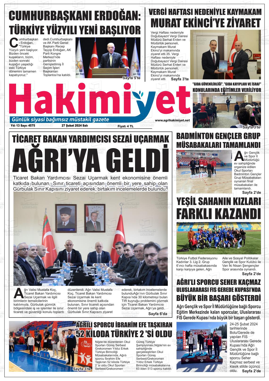 27 Şubat 2024 Ağrı Hakimiyet Gazete Manşeti