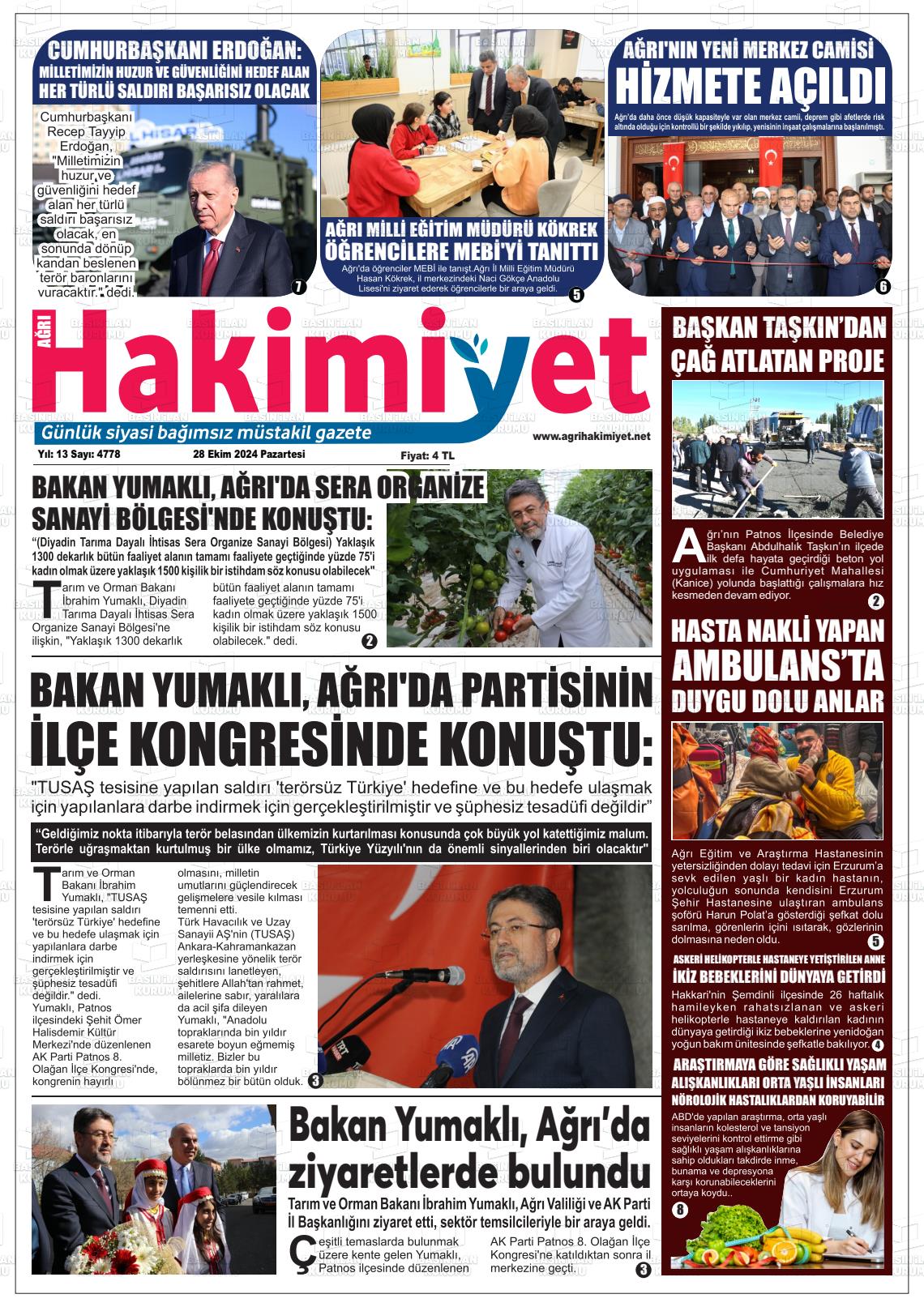 28 Ekim 2024 Ağrı Hakimiyet Gazete Manşeti