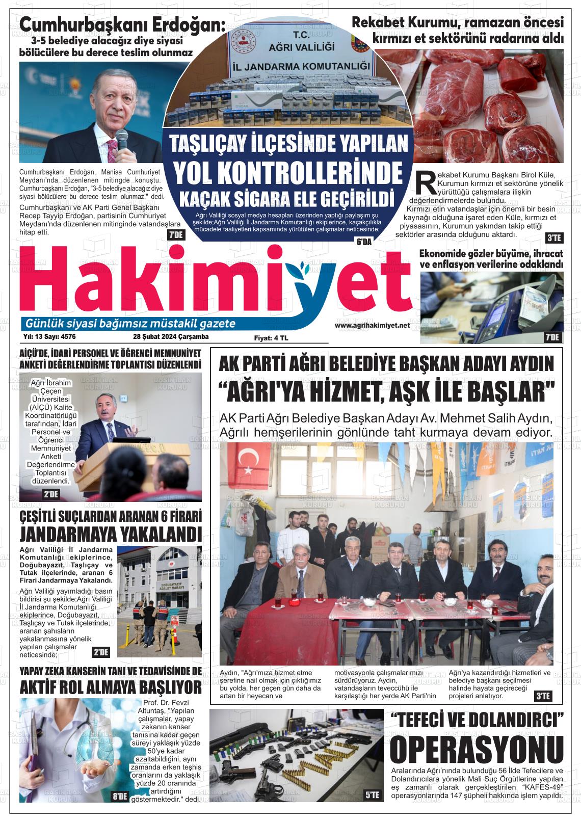 28 Şubat 2024 Ağrı Hakimiyet Gazete Manşeti