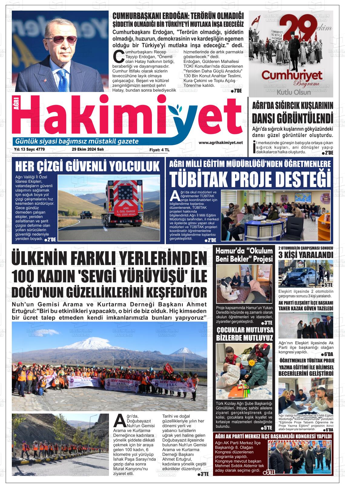 29 Ekim 2024 Ağrı Hakimiyet Gazete Manşeti