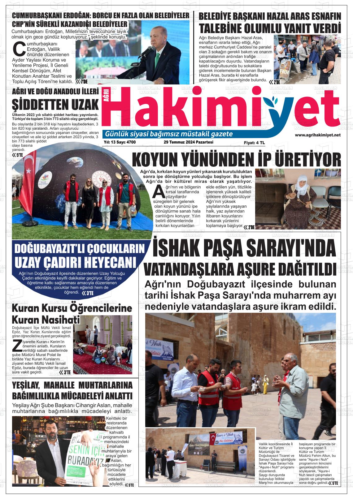 29 Temmuz 2024 Ağrı Hakimiyet Gazete Manşeti