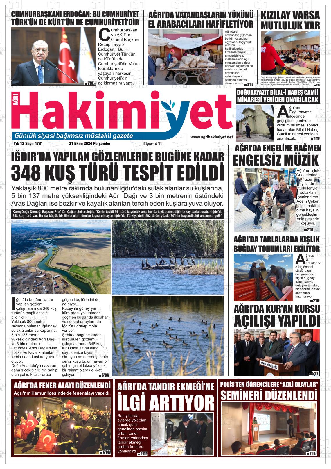 31 Ekim 2024 Ağrı Hakimiyet Gazete Manşeti