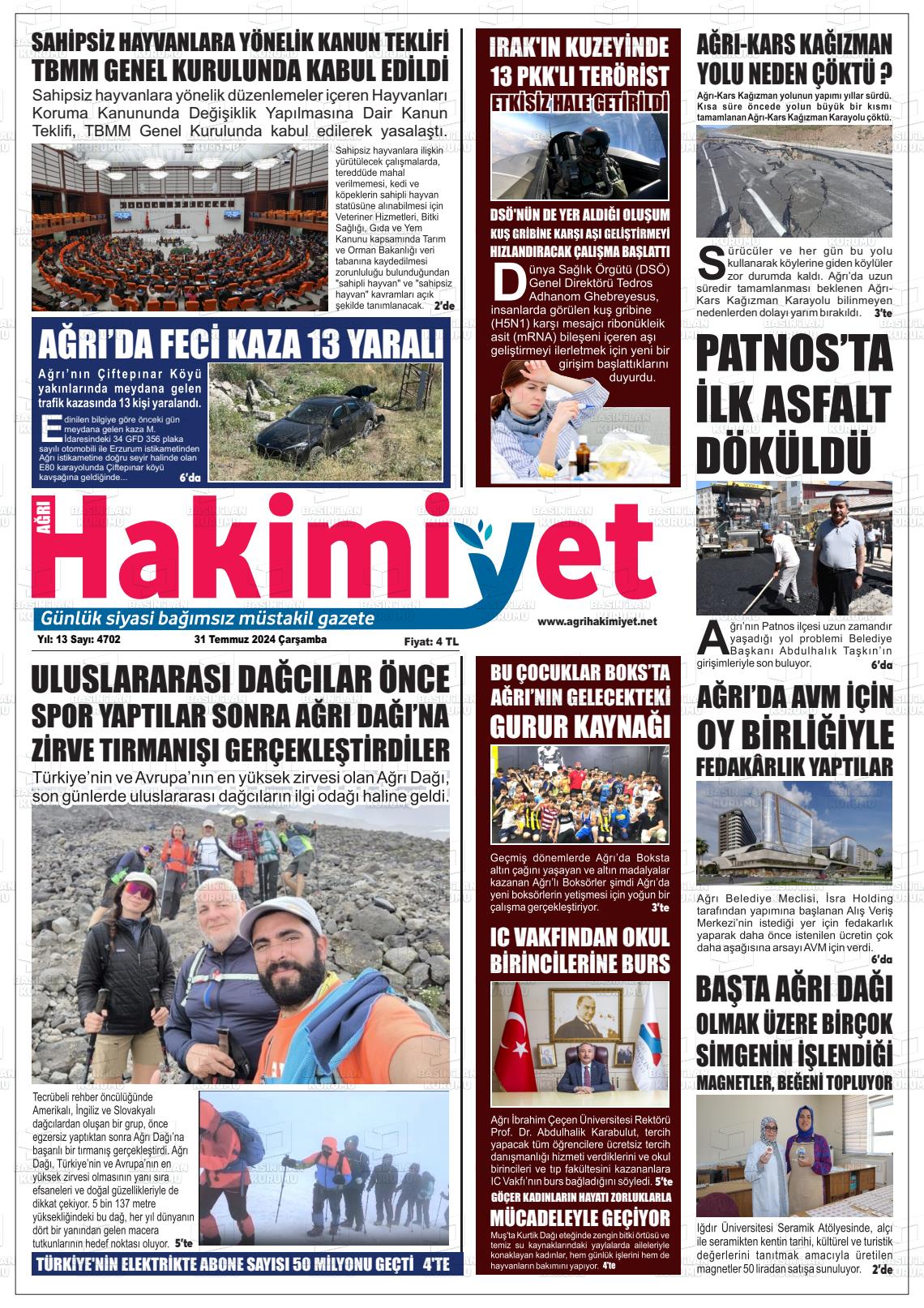 31 Temmuz 2024 Ağrı Hakimiyet Gazete Manşeti