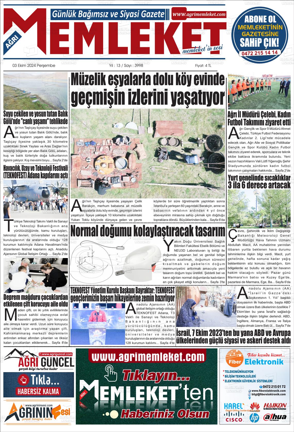 03 Ekim 2024 Ağrı Memleket Gazete Manşeti