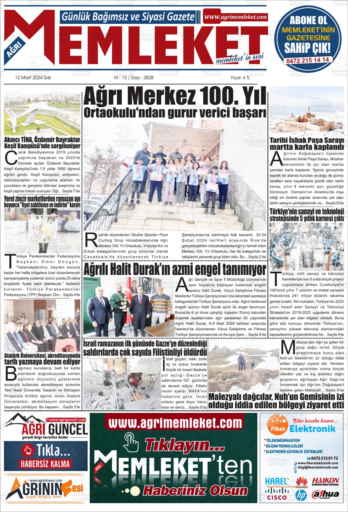 12 Mart 2024 Ağrı Memleket Gazete Manşeti