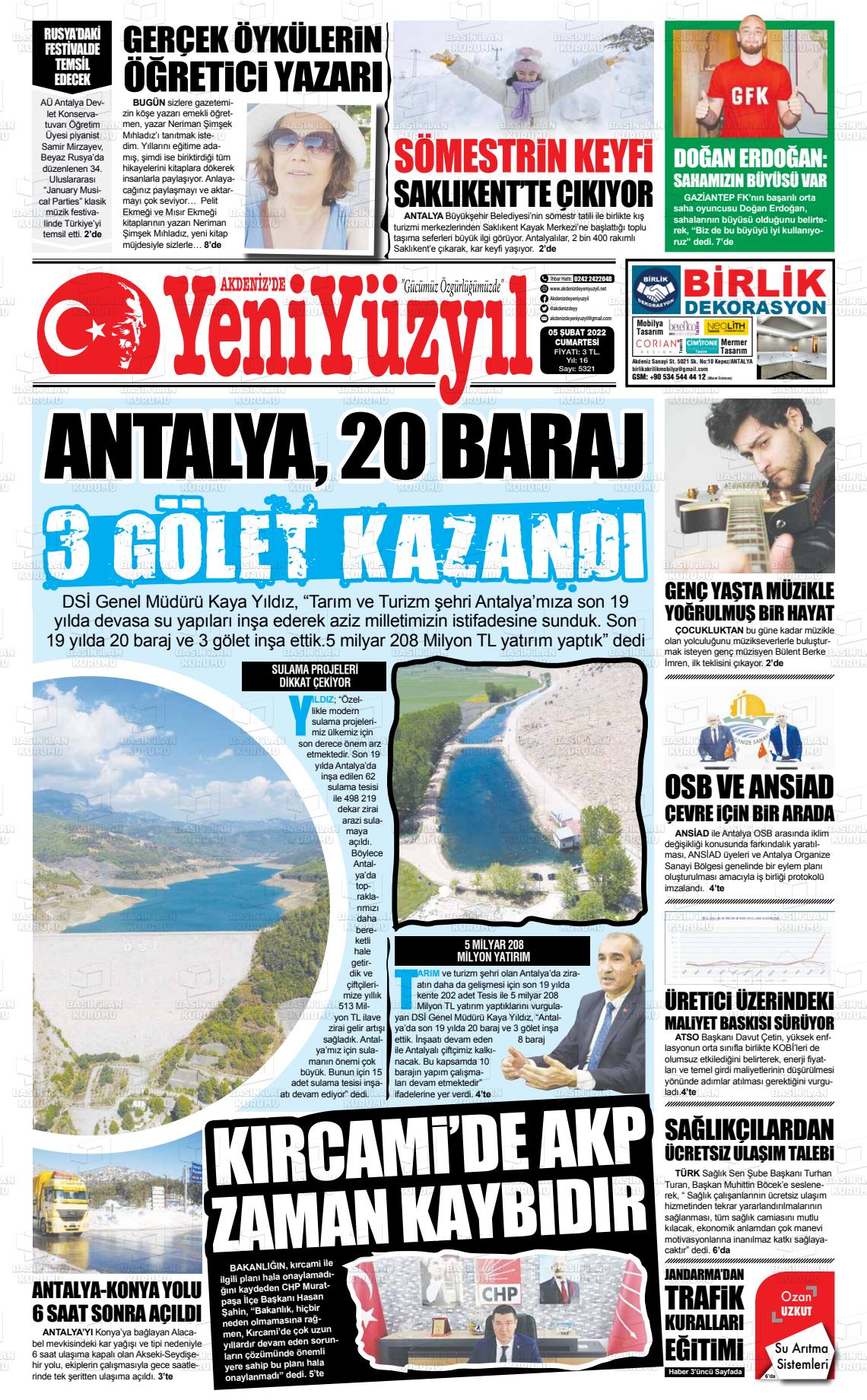 05 Şubat 2022 Akdenizde Yeni Yüzyıl Gazete Manşeti