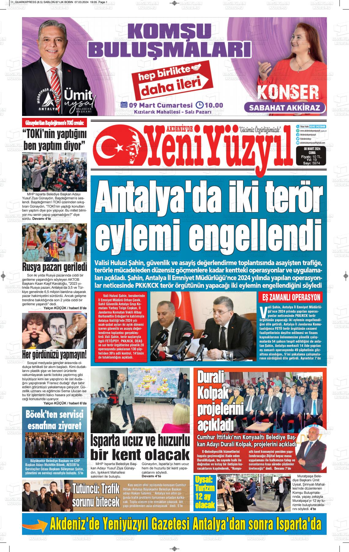 08 Mart 2024 Akdenizde Yeni Yüzyıl Gazete Manşeti