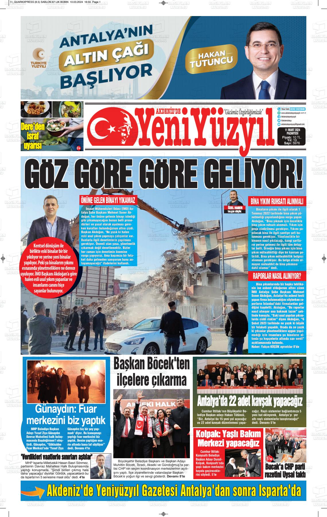 11 Mart 2024 Akdenizde Yeni Yüzyıl Gazete Manşeti