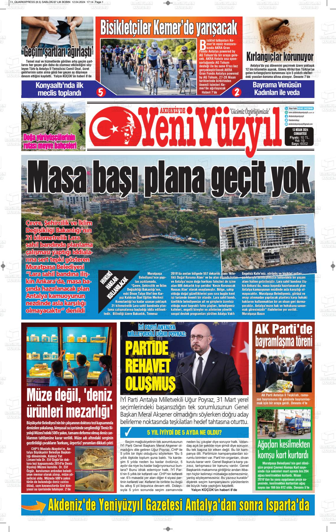 13 Nisan 2024 Akdenizde Yeni Yüzyıl Gazete Manşeti