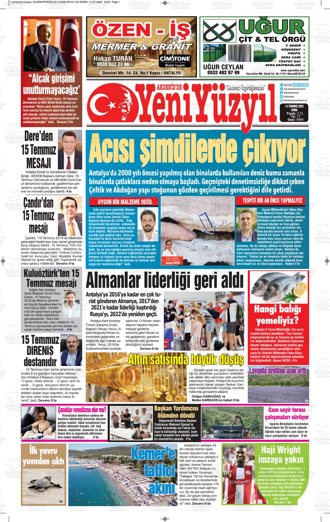 15 Temmuz 2022 Akdenizde Yeni Yüzyıl Gazete Manşeti