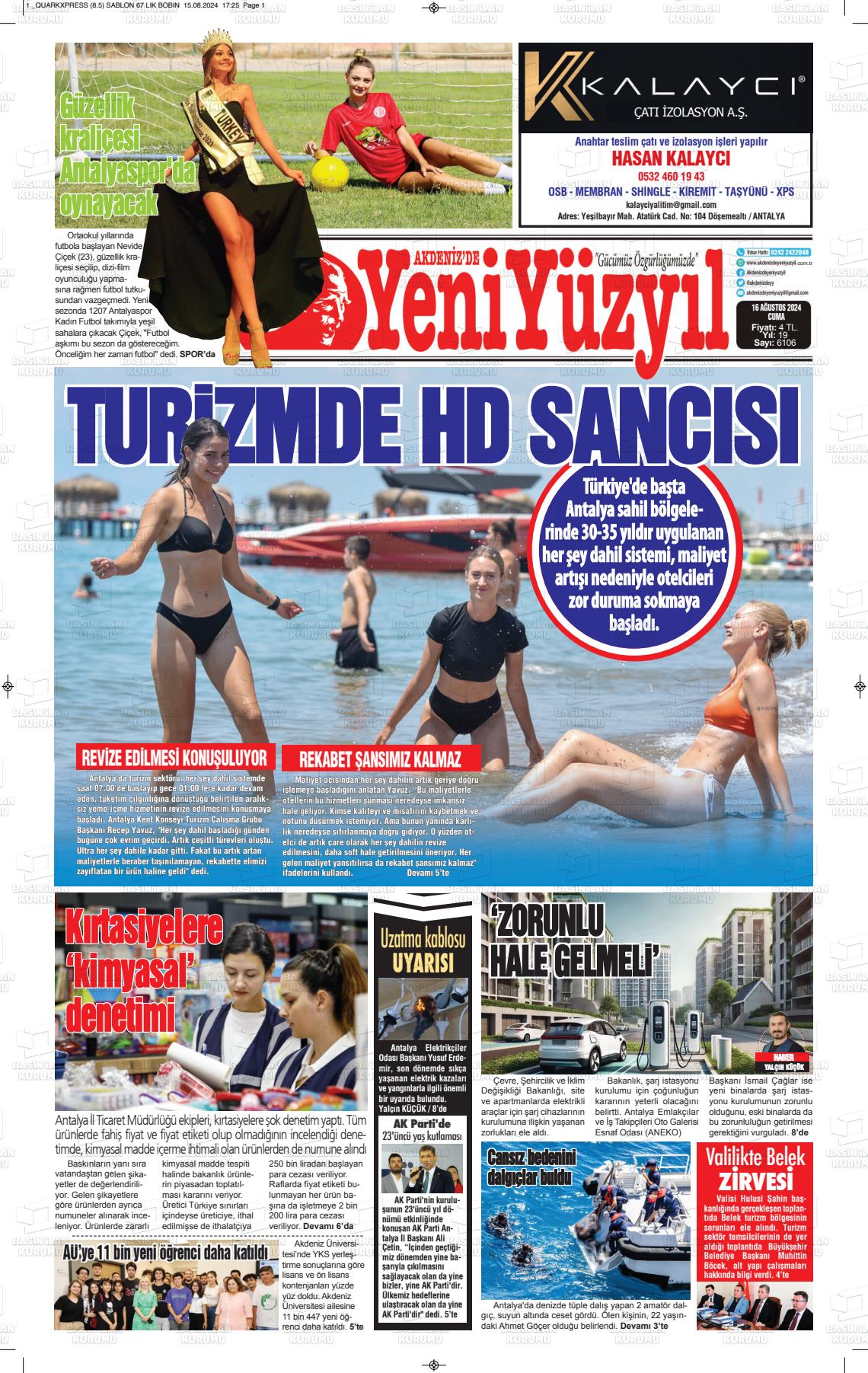 16 Ağustos 2024 Akdenizde Yeni Yüzyıl Gazete Manşeti