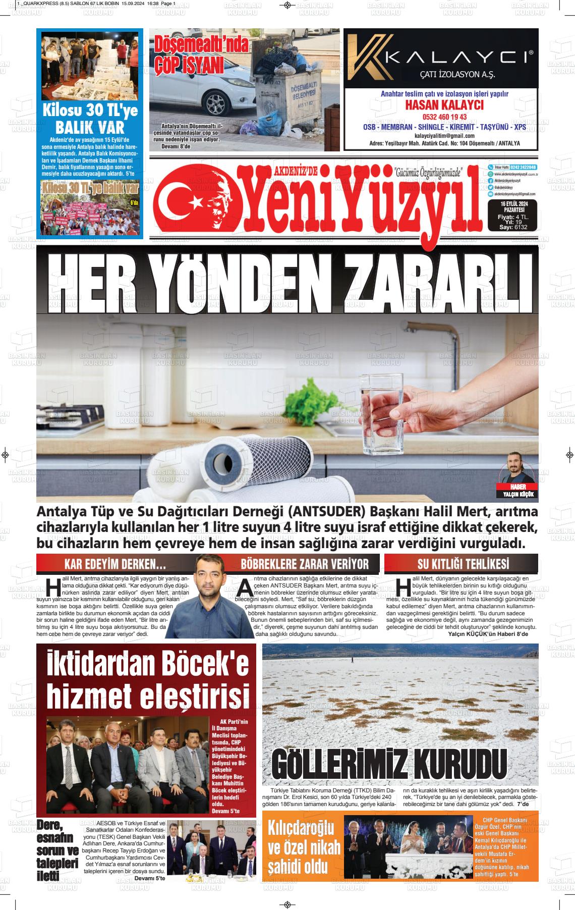 16 Eylül 2024 Akdenizde Yeni Yüzyıl Gazete Manşeti