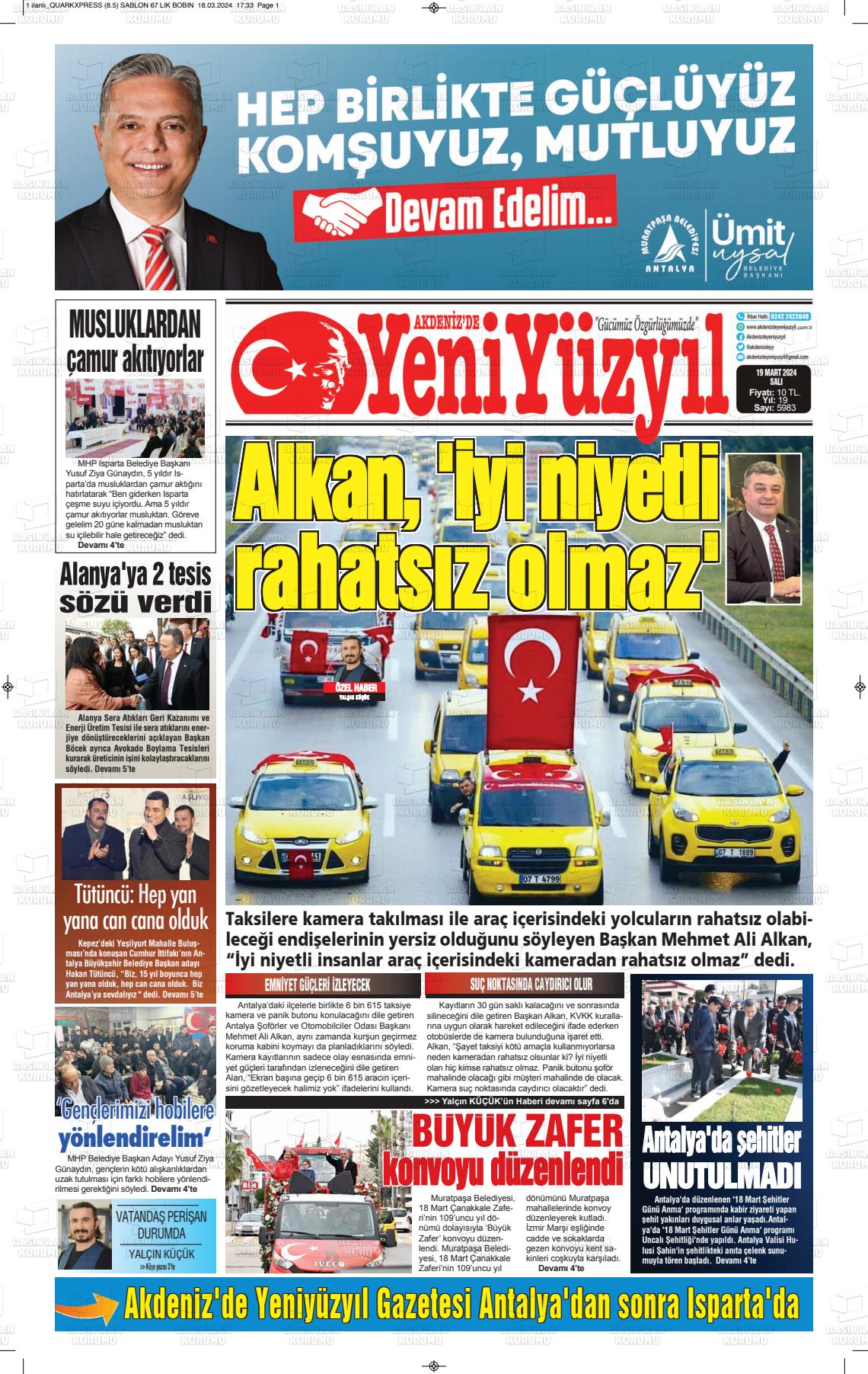 19 Mart 2024 Akdenizde Yeni Yüzyıl Gazete Manşeti