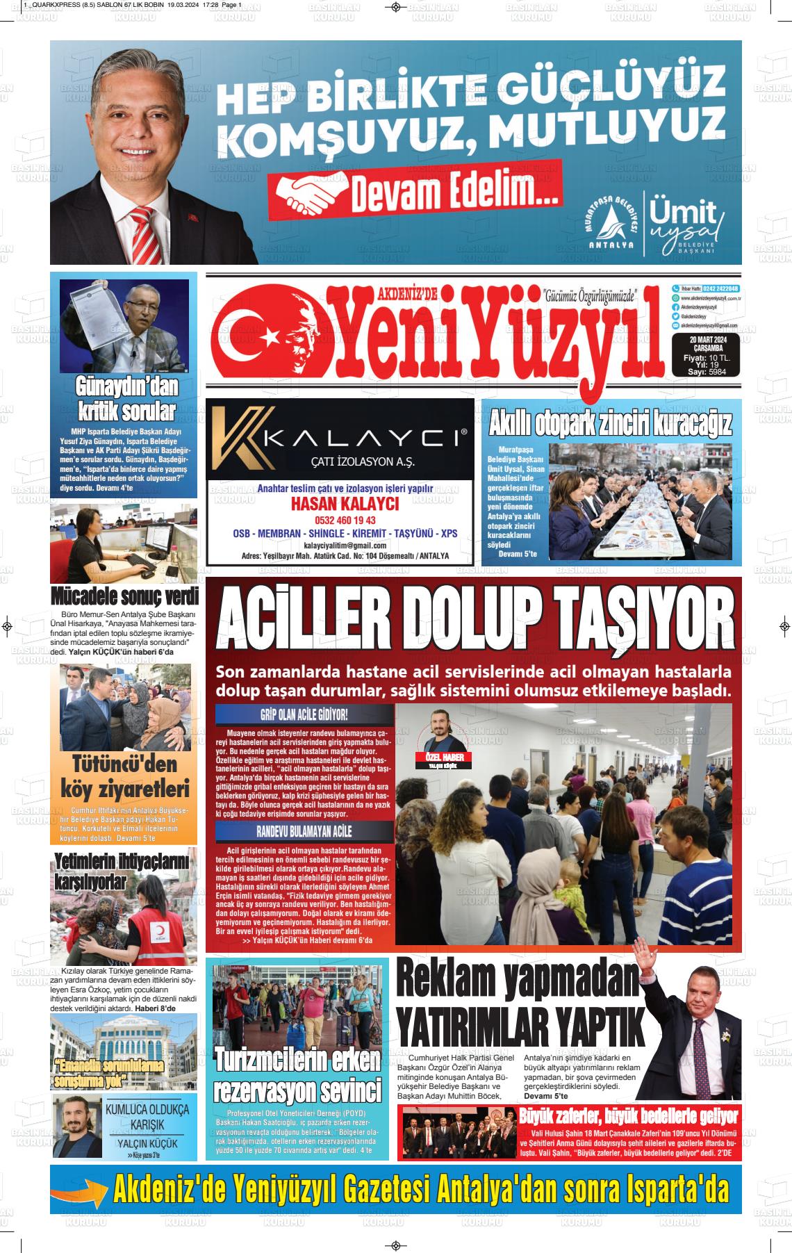 20 Mart 2024 Akdenizde Yeni Yüzyıl Gazete Manşeti