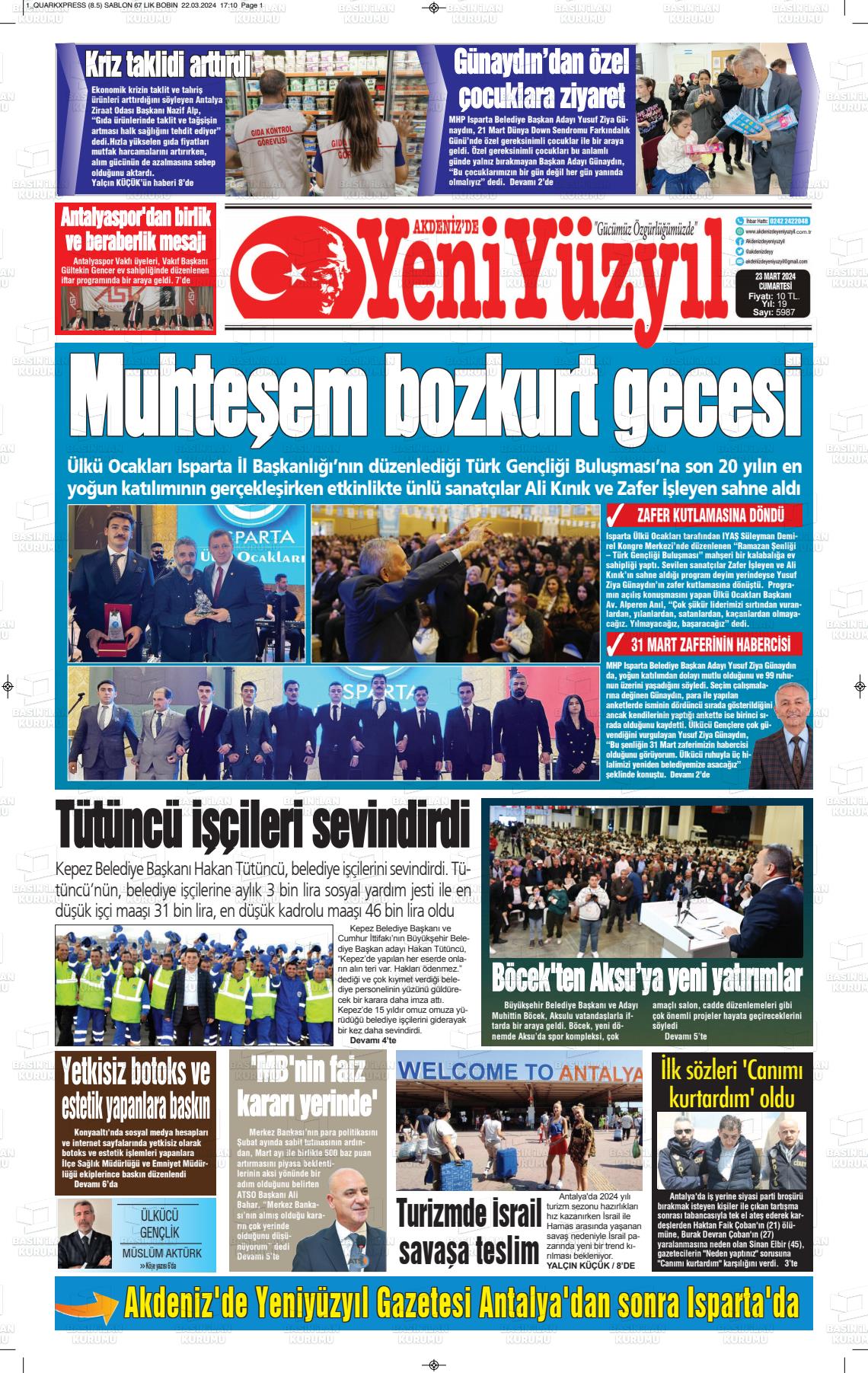 23 Mart 2024 Akdenizde Yeni Yüzyıl Gazete Manşeti