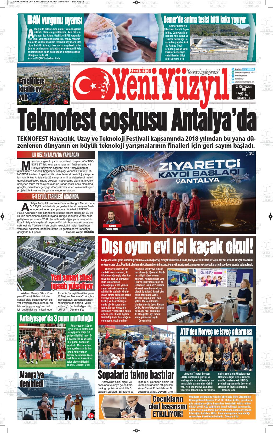 27 Ağustos 2024 Akdenizde Yeni Yüzyıl Gazete Manşeti