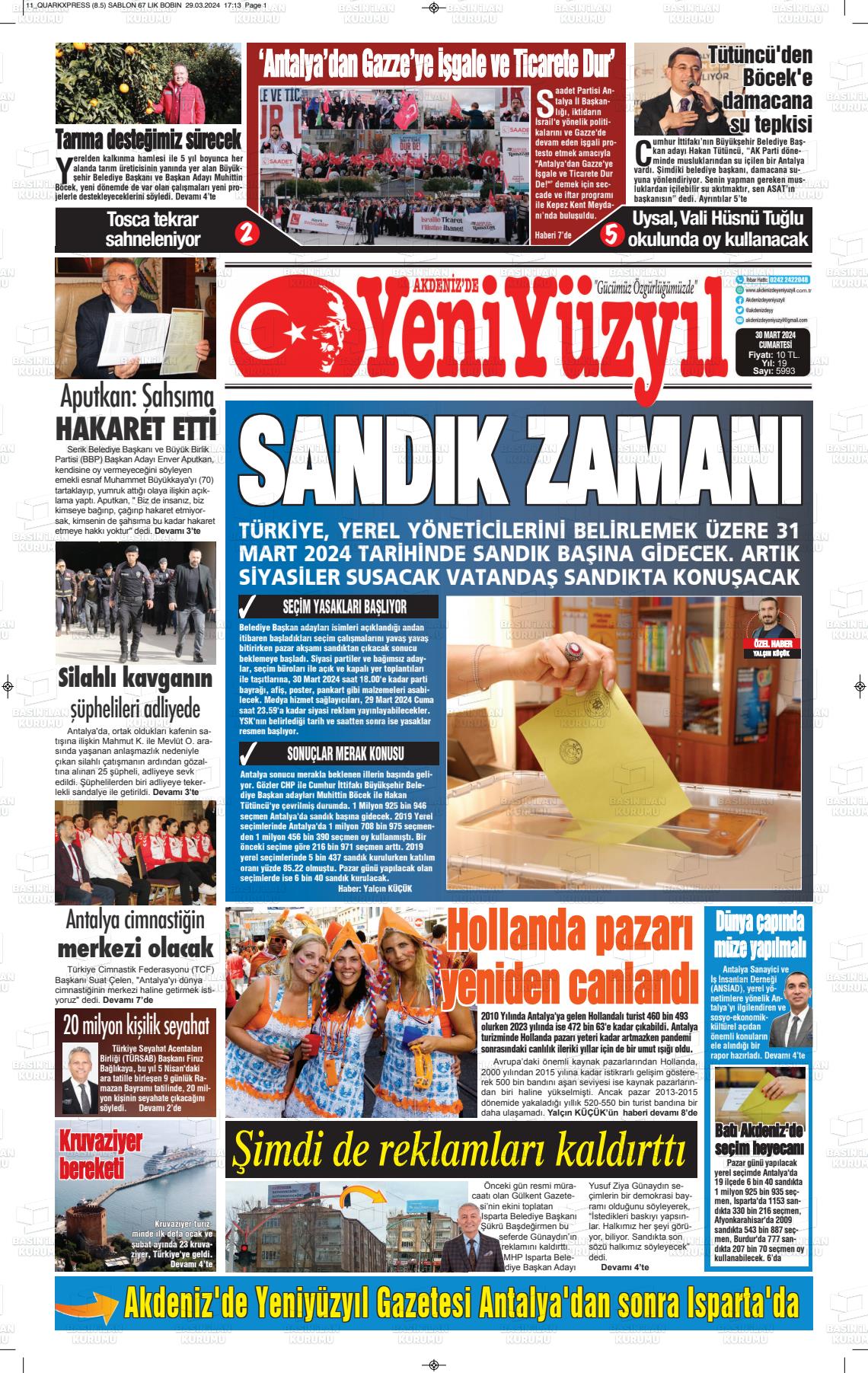 30 Mart 2024 Akdenizde Yeni Yüzyıl Gazete Manşeti