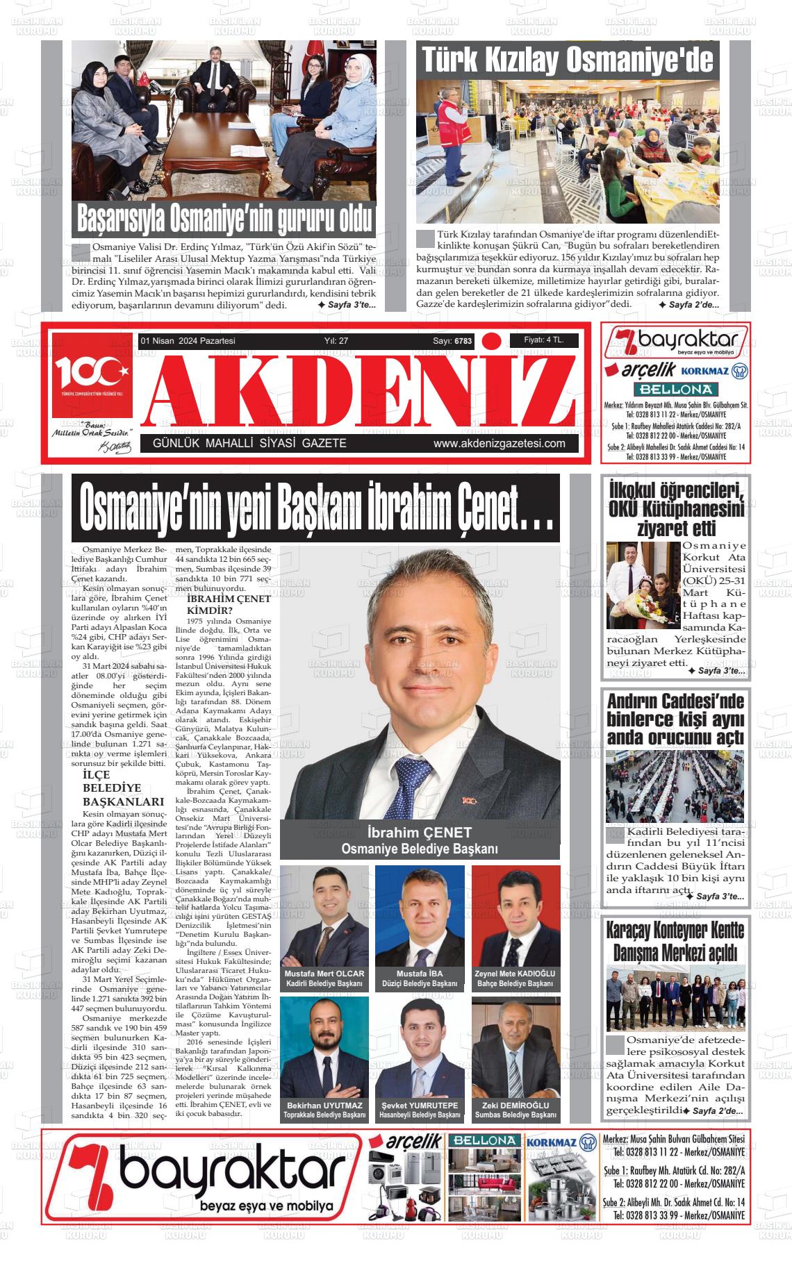 01 Nisan 2024 Osmaniye Akdeniz Gazete Manşeti