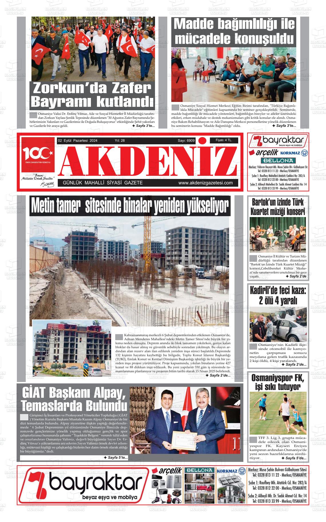 02 Eylül 2024 Osmaniye Akdeniz Gazete Manşeti