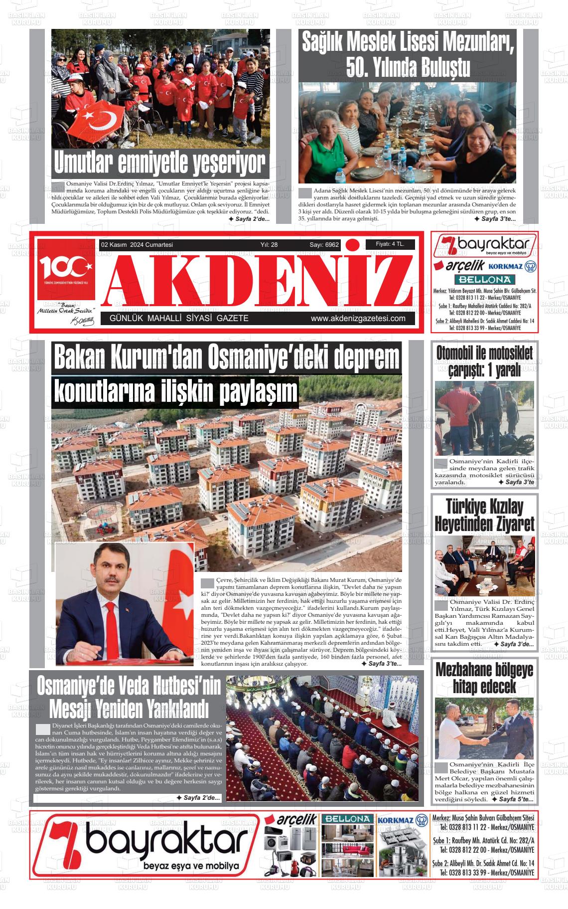 02 Kasım 2024 Osmaniye Akdeniz Gazete Manşeti