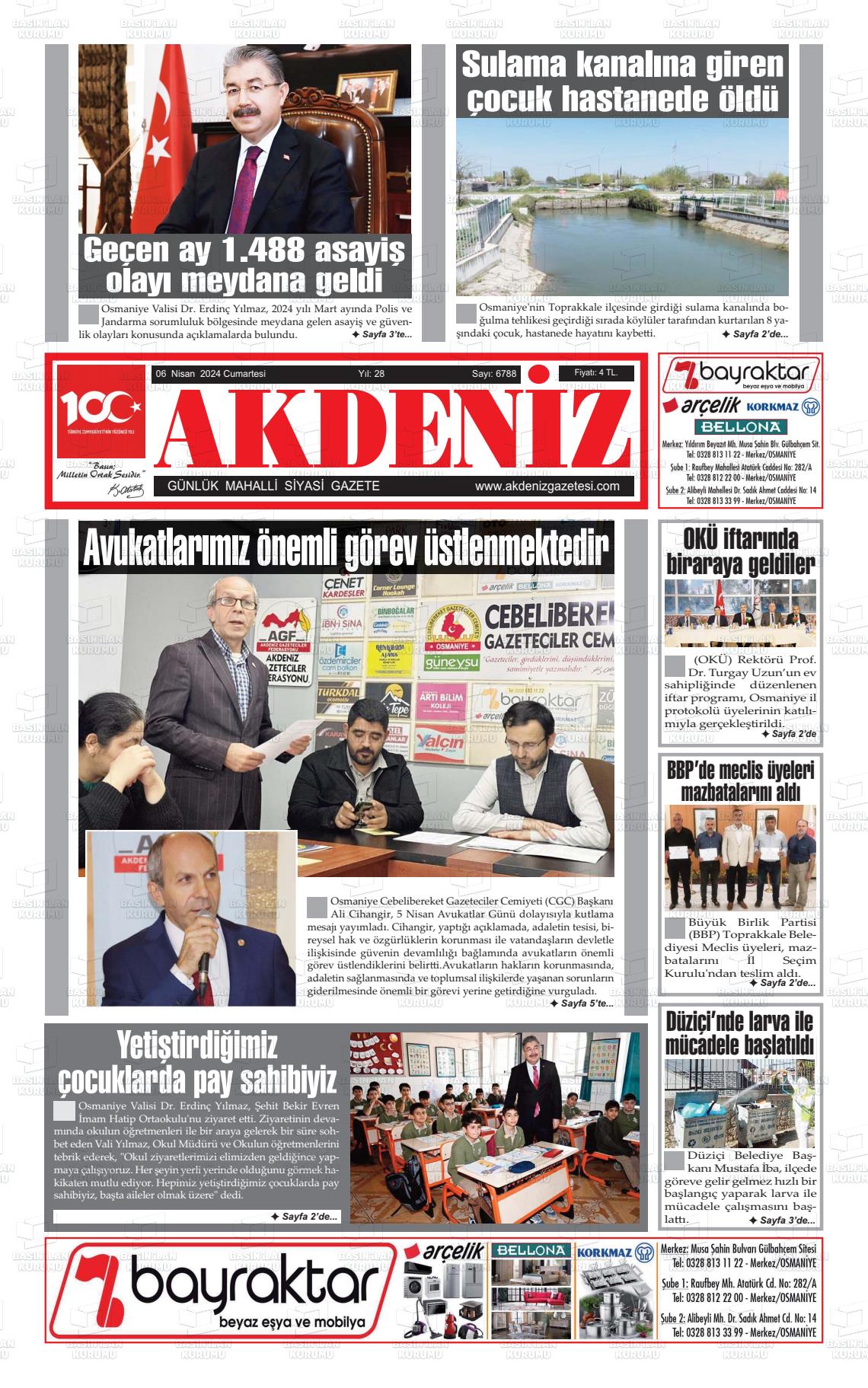 06 Nisan 2024 Osmaniye Akdeniz Gazete Manşeti