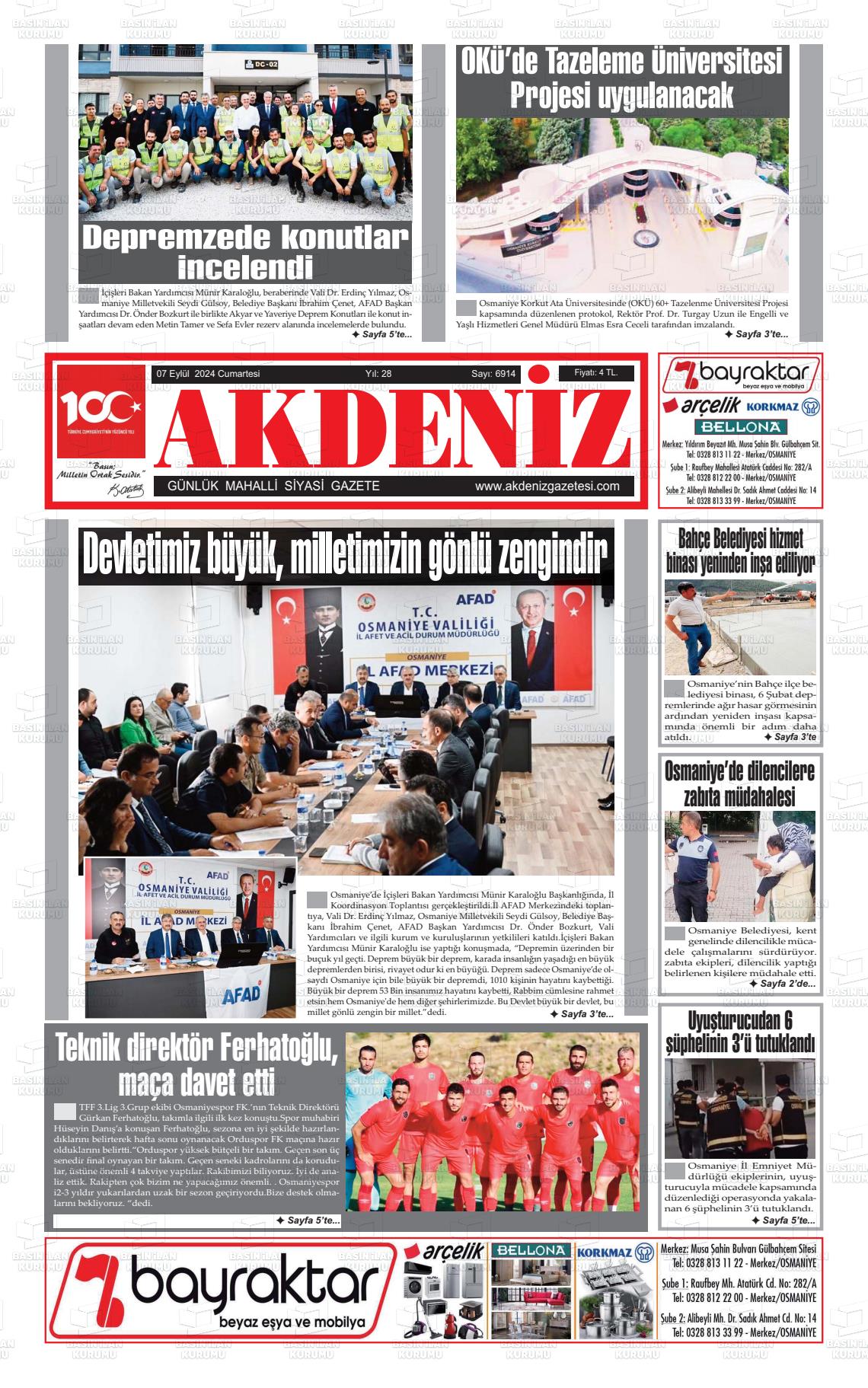 07 Eylül 2024 Osmaniye Akdeniz Gazete Manşeti