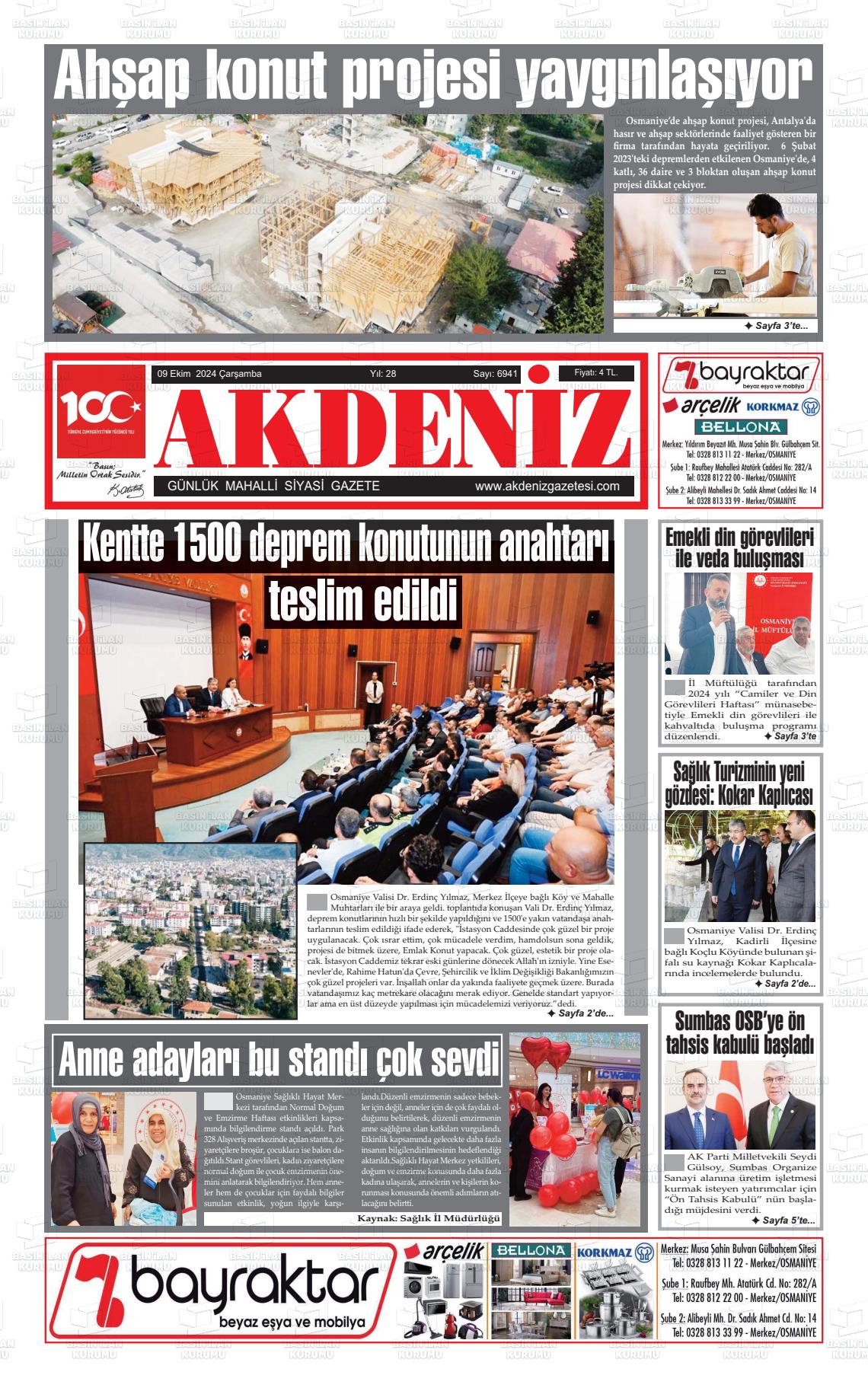 09 Ekim 2024 Osmaniye Akdeniz Gazete Manşeti