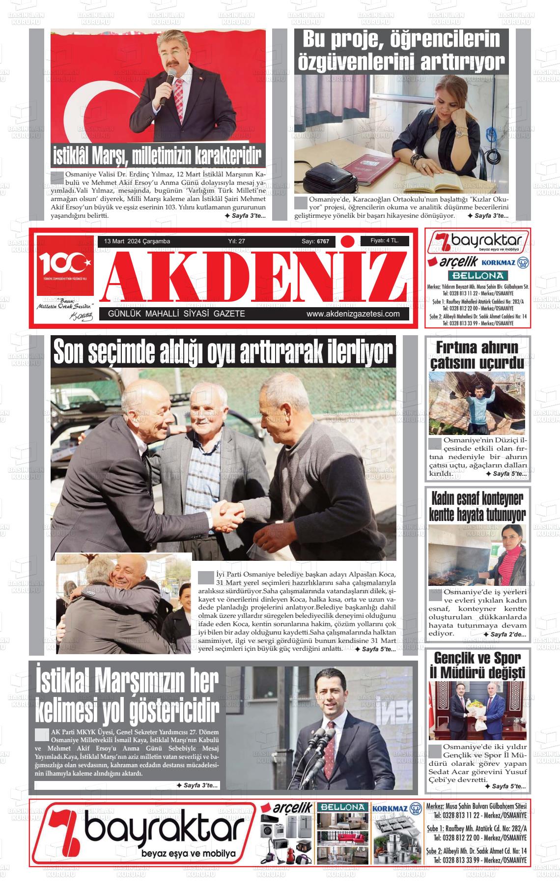 13 Mart 2024 Osmaniye Akdeniz Gazete Manşeti