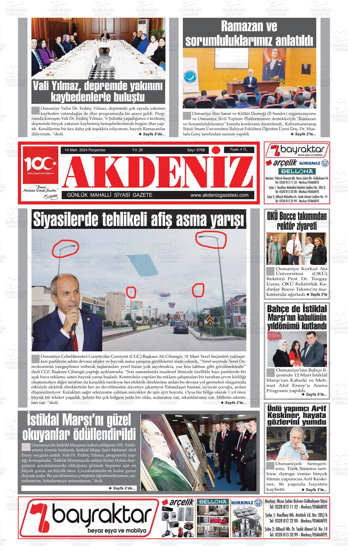 14 Mart 2024 Osmaniye Akdeniz Gazete Manşeti