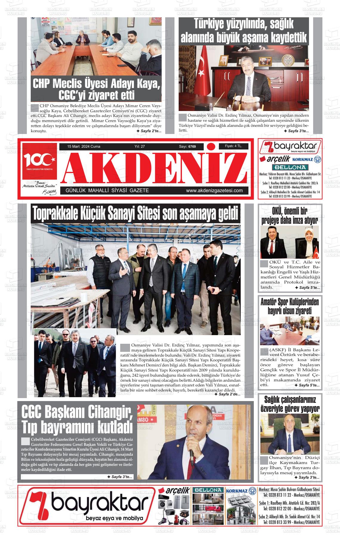 15 Mart 2024 Osmaniye Akdeniz Gazete Manşeti