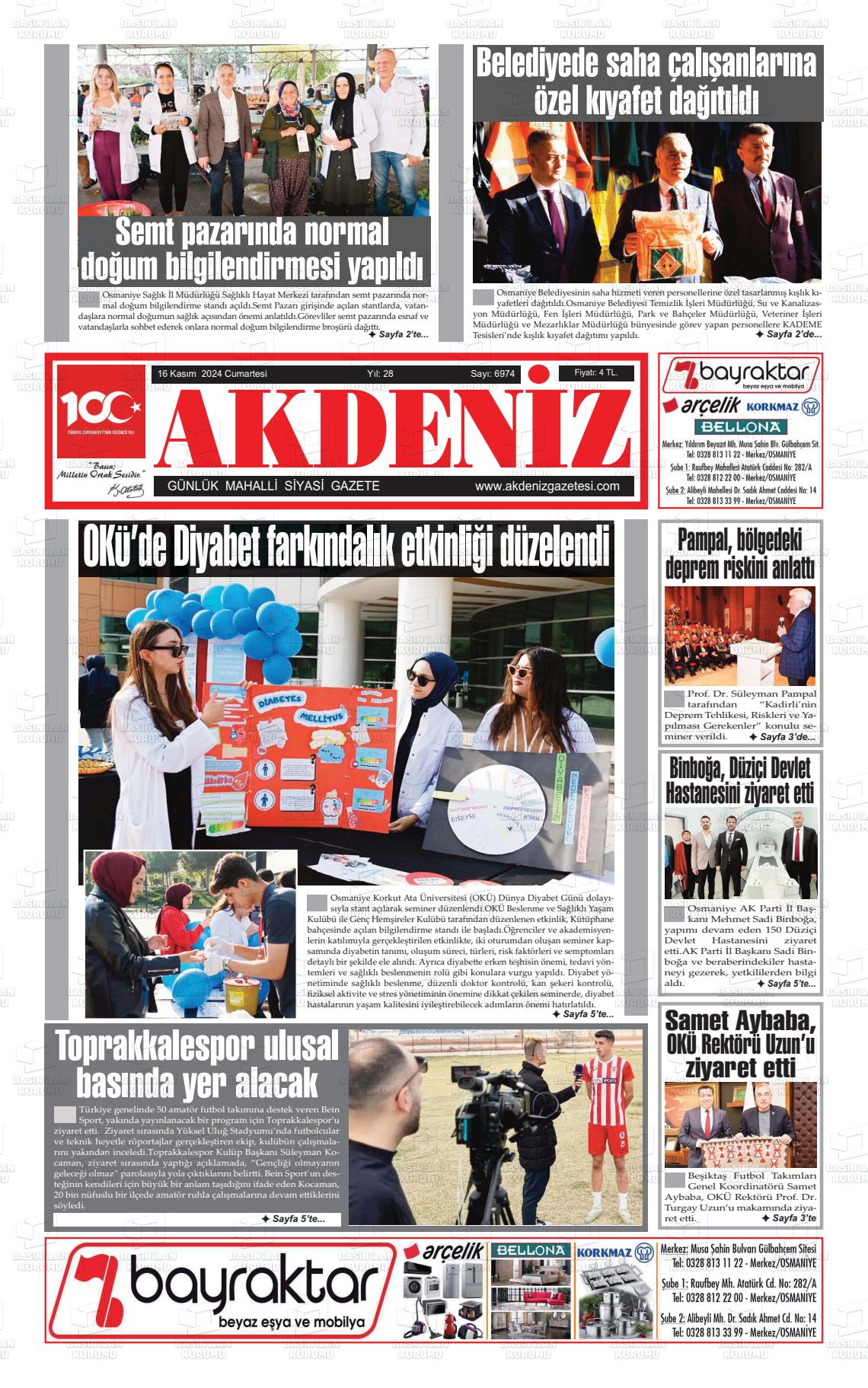 16 Kasım 2024 Osmaniye Akdeniz Gazete Manşeti