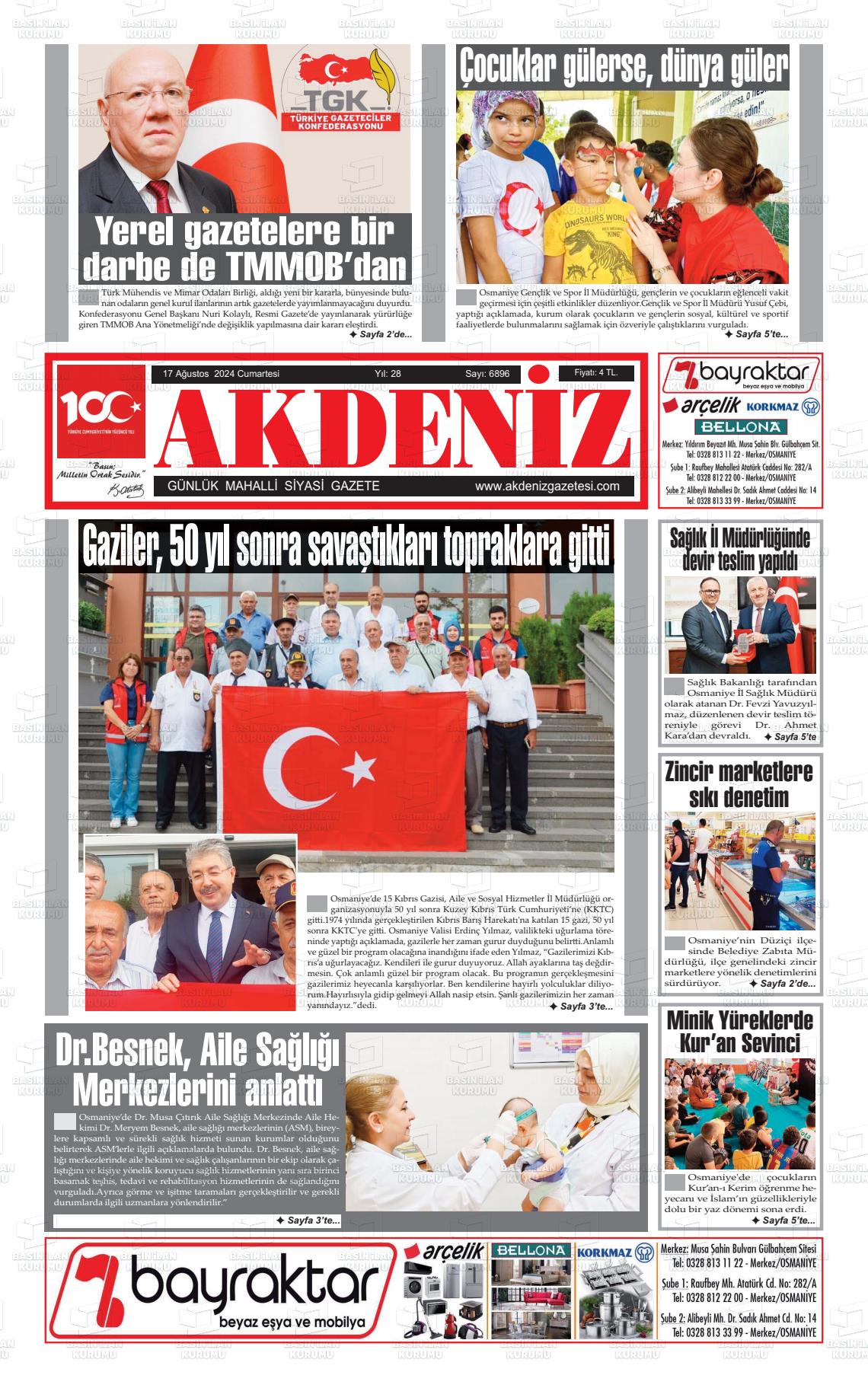 17 Ağustos 2024 Osmaniye Akdeniz Gazete Manşeti