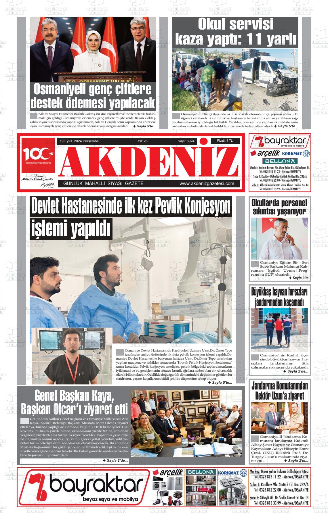 19 Eylül 2024 Osmaniye Akdeniz Gazete Manşeti