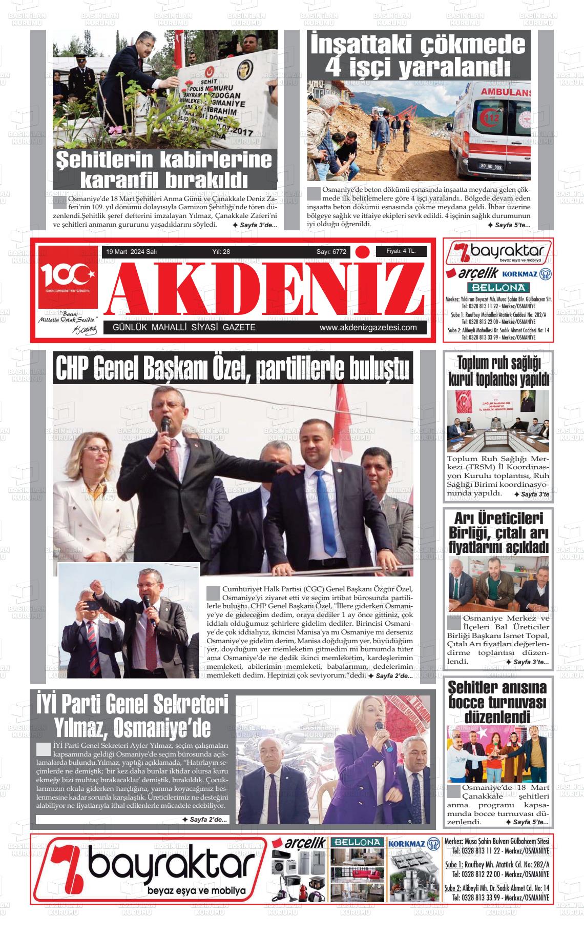 19 Mart 2024 Osmaniye Akdeniz Gazete Manşeti