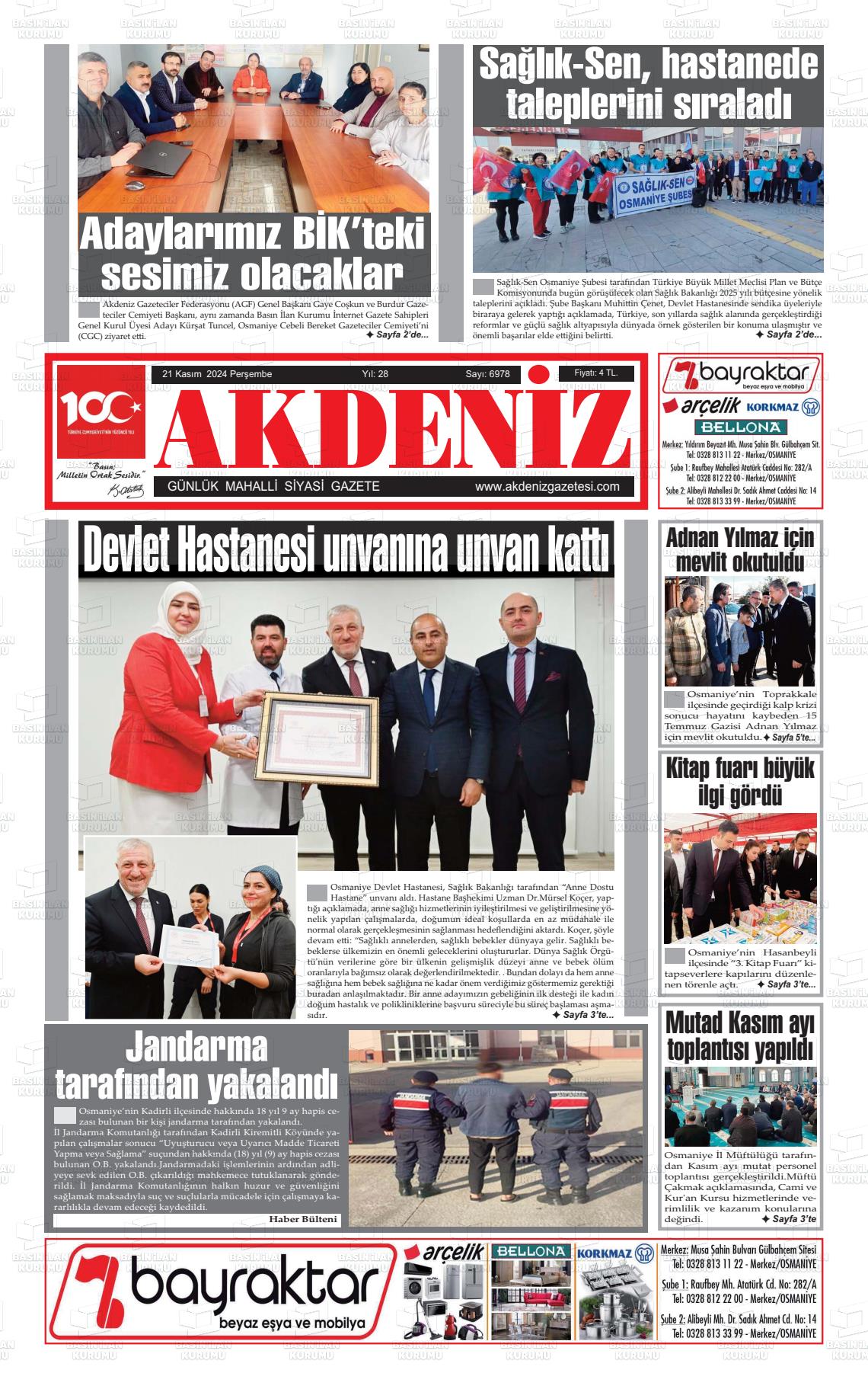 21 Kasım 2024 Osmaniye Akdeniz Gazete Manşeti