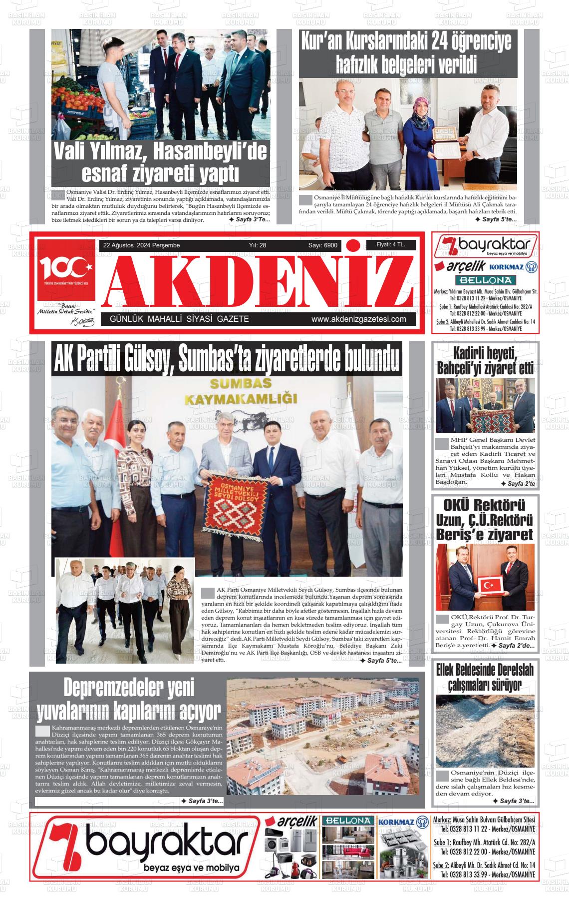 22 Ağustos 2024 Osmaniye Akdeniz Gazete Manşeti