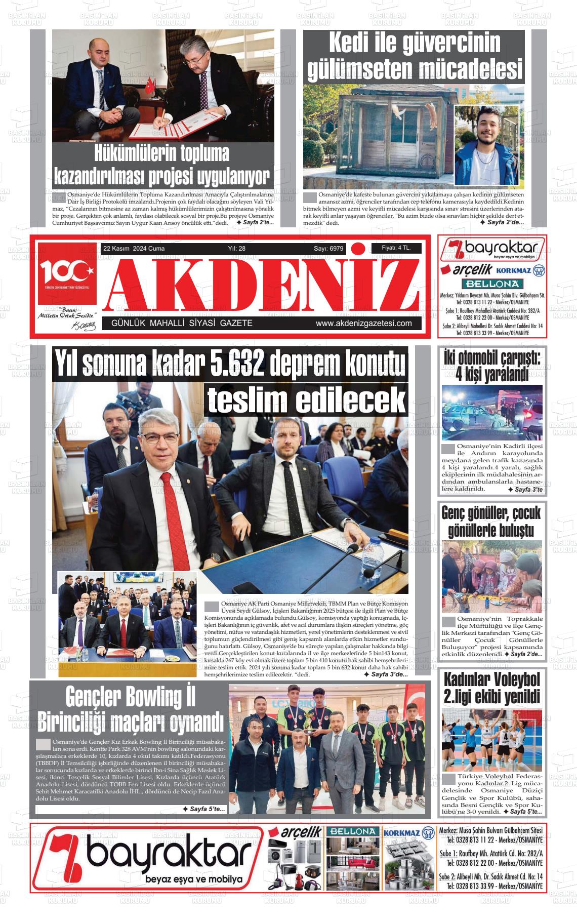 22 Kasım 2024 Osmaniye Akdeniz Gazete Manşeti