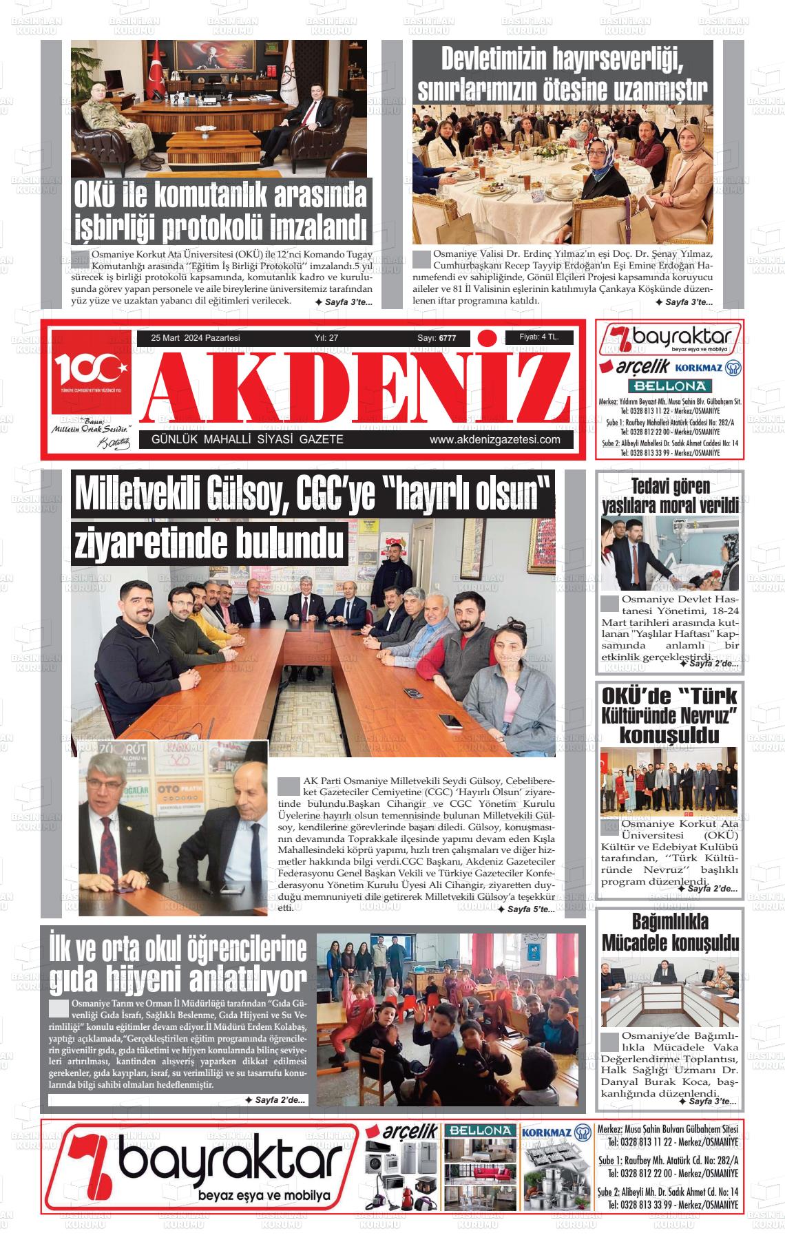 25 Mart 2024 Osmaniye Akdeniz Gazete Manşeti