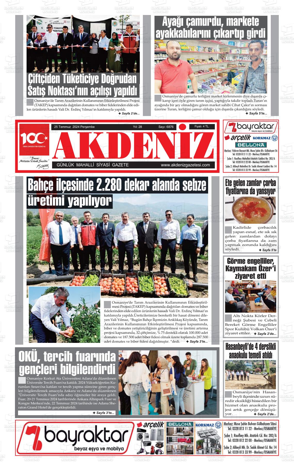 25 Temmuz 2024 Osmaniye Akdeniz Gazete Manşeti