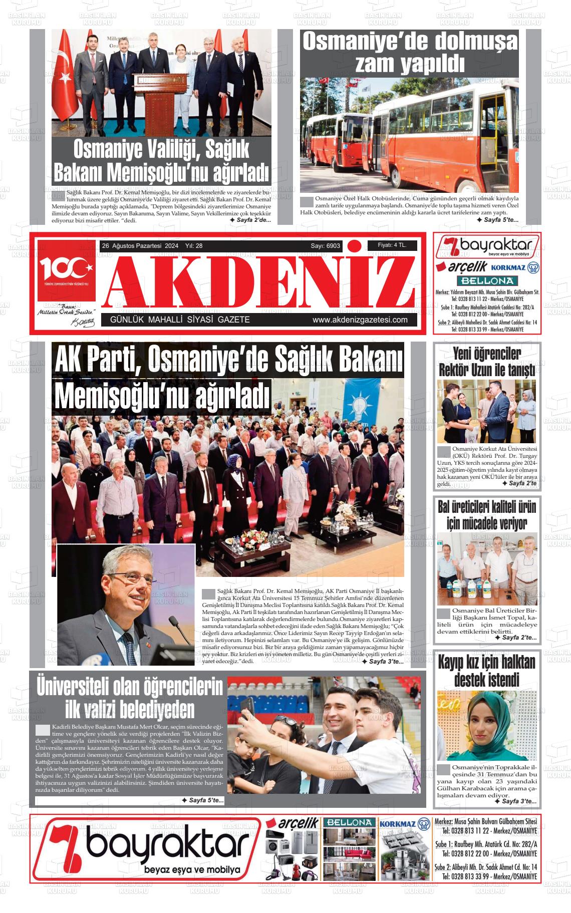 26 Ağustos 2024 Osmaniye Akdeniz Gazete Manşeti